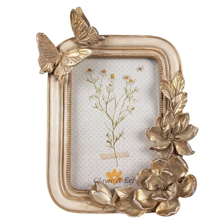 Brocante fotolijst bloemen en vlinders beige/goud 10*15
