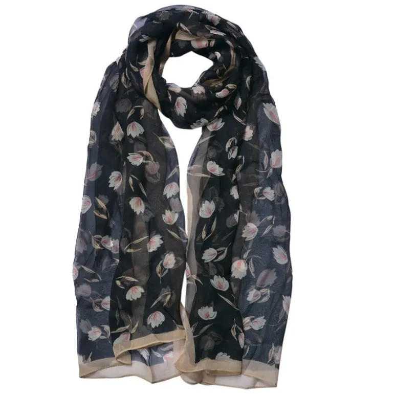 Dames sjaal bloemen zwart