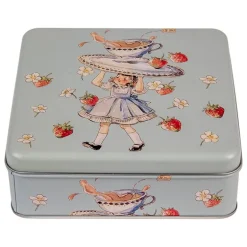 Decoratie blik meisje met kop thee groen