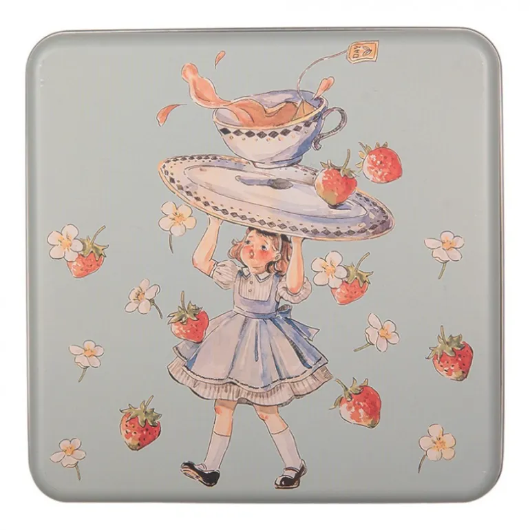 Decoratie blik meisje met kop thee groen