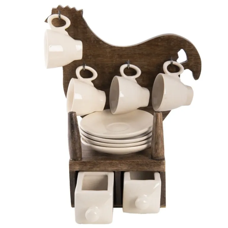 Decoratie houten kip met 4 espresso kop en schotels