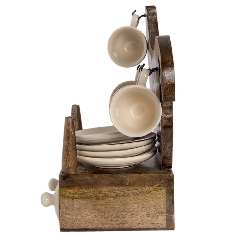 Decoratie houten kip met 4 espresso kop en schotels