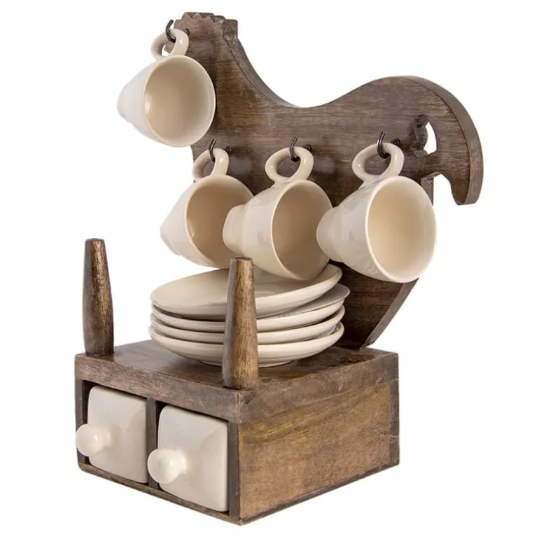 Decoratie houten kip met 4 espresso kop en schotels