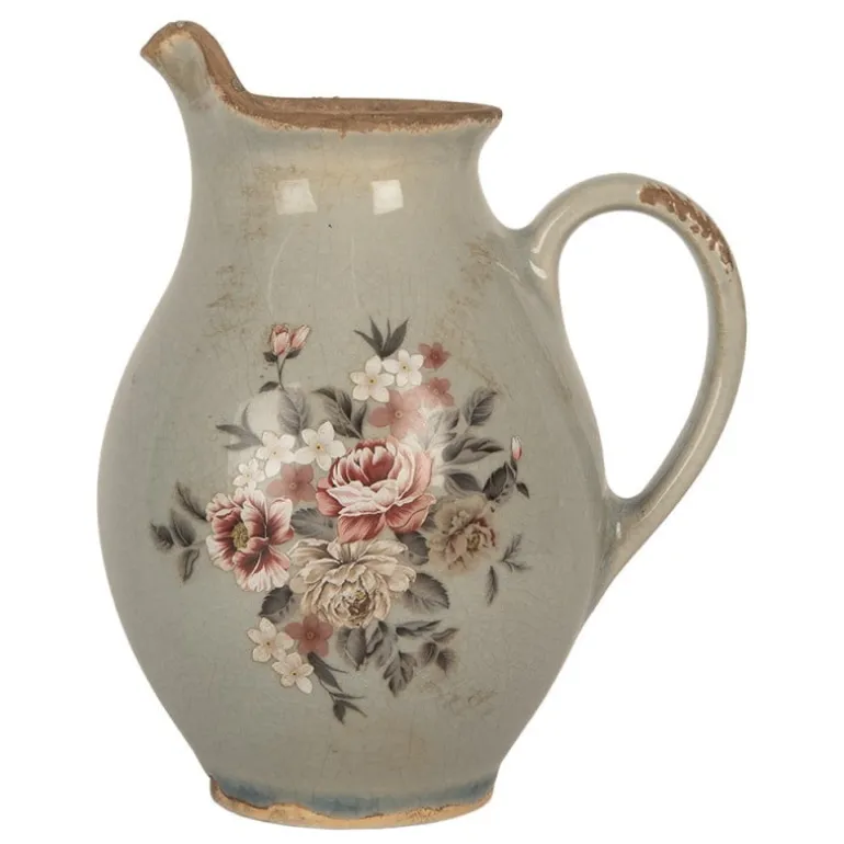 Decoratie kan met tuit roosjes grijs (S) 16*12*19