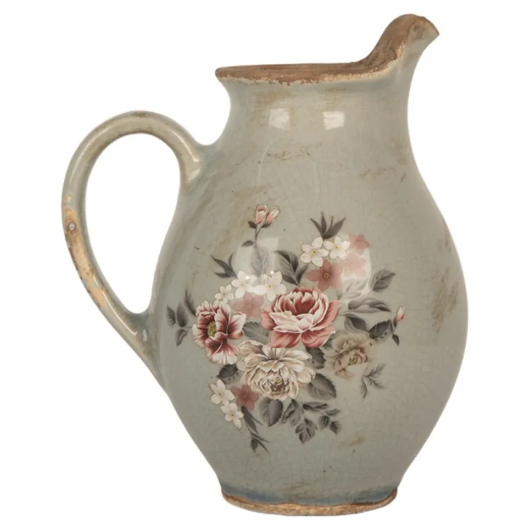 Decoratie kan met tuit roosjes grijs (S) 16*12*19