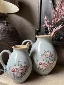 Decoratie kan met tuit roosjes grijs (S) 16*12*19