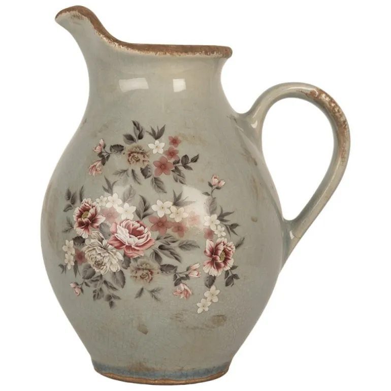 Decoratie kan met tuit roosjes grijs (M) 21*16*25