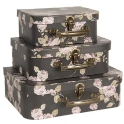 Decoratie kofferset (3) gebloemd zwart