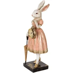 Decoratie konijn met klokje roze 35cm