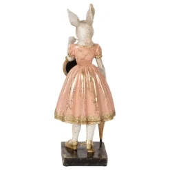 Decoratie konijn met klokje roze 35cm