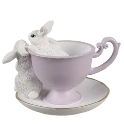 Decoratie kop en schotel met 2 konijntjes 16*13