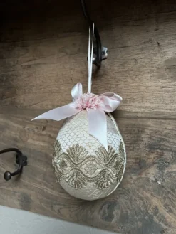 Decoratie paashanger ei beige/roze textiel 11*14