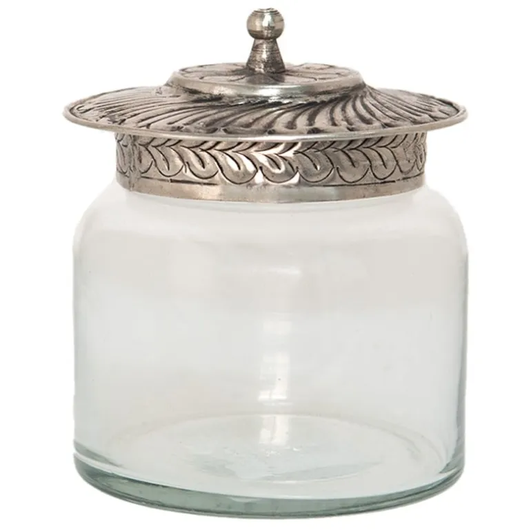 Glazen pot met oudzilverkleur 9*9