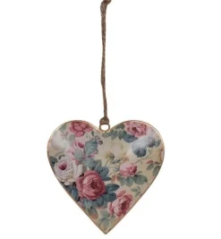 Hangend metalen hart roosjes groen/roze 10 cm
