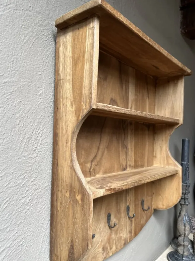 Houten wandplank/kapstok 4 haken 56*46*13