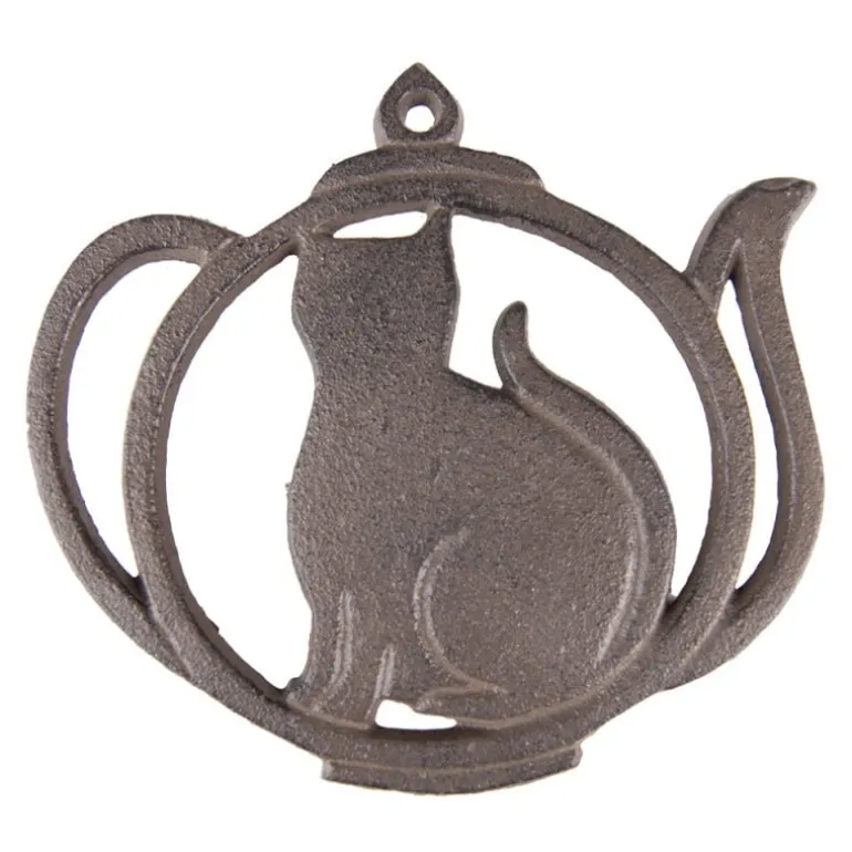 Ijzeren onderzetter theepot met poes