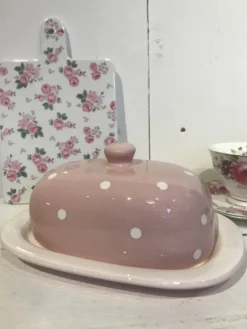 Keramiek botervloot roze witte stippen