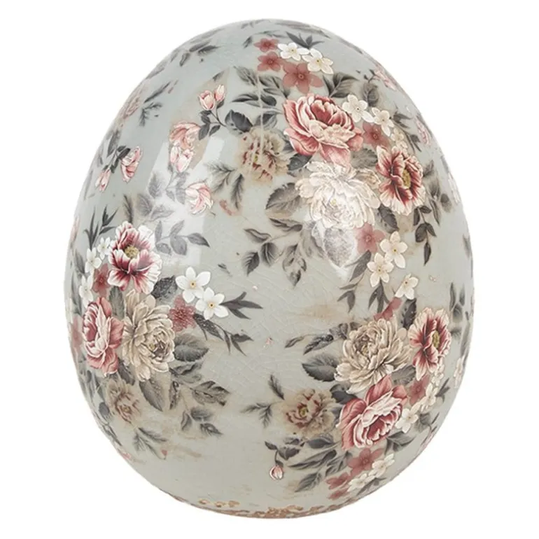 Keramiek decoratie ei (L) met roosjes grijs 14*16