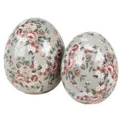 Keramiek decoratie ei (L) met roosjes grijs 14*16