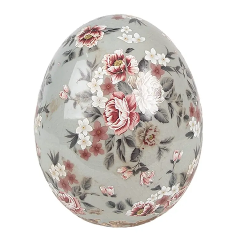 Keramiek decoratie ei (M) roosjes grijs 10*12