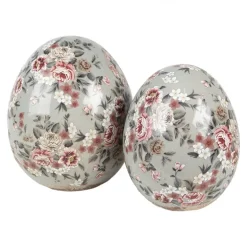 Keramiek decoratie ei (M) roosjes grijs 10*12