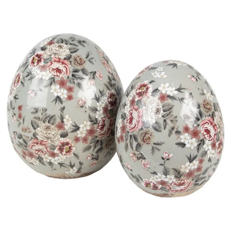 Keramiek decoratie ei (M) roosjes grijs 10*12