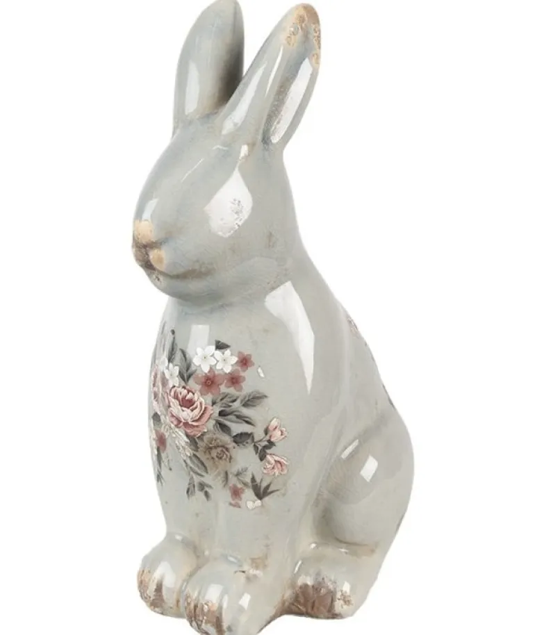 Keramiek decoratie konijn (L) roosjes grijs 16*12*28