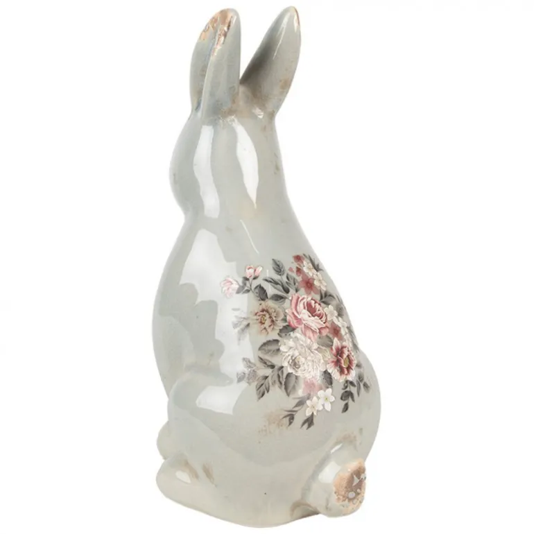 Keramiek decoratie konijn (L) roosjes grijs 16*12*28