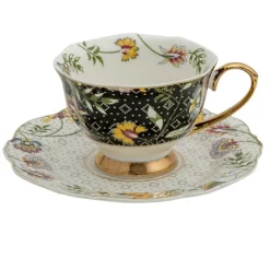 Kop en schotel bloemen zwart/wit/goud