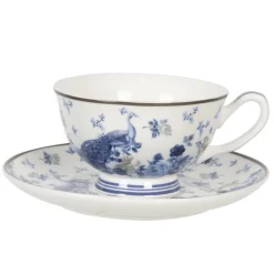 Kop en schotel met pauw en roosjes blauw