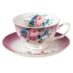 Kop en schotel paars/roze rozen