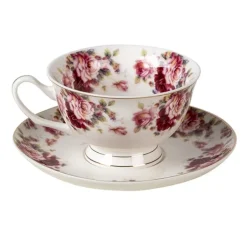 Kop en schotel roosjes rood/roze