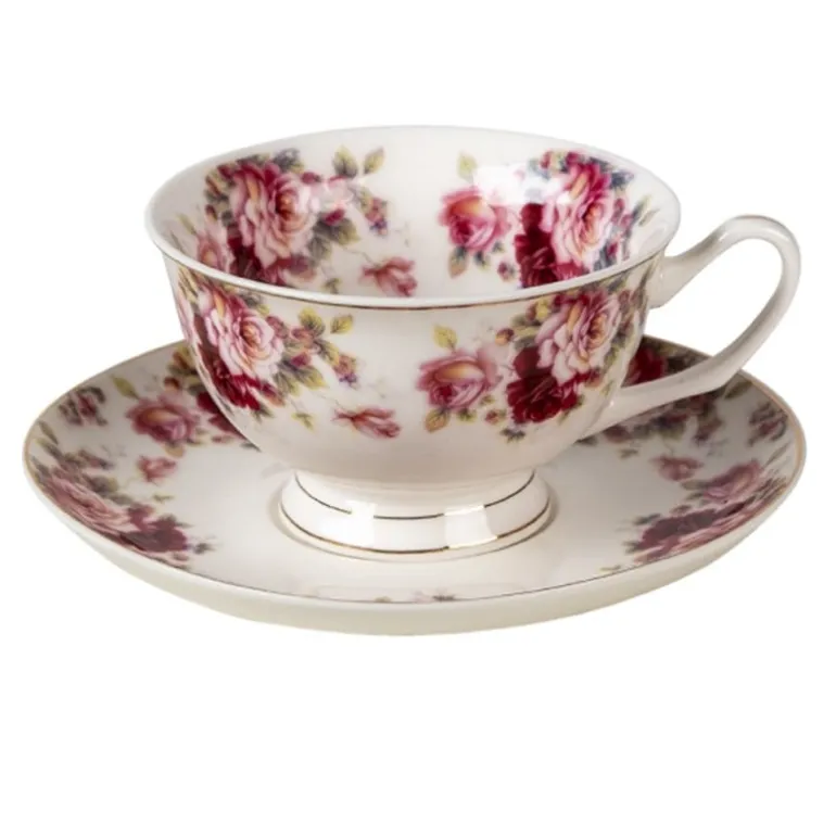 Kop en schotel roosjes rood/roze