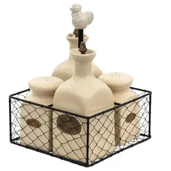 Metalen houder met olie/azijn peper/zoutstel