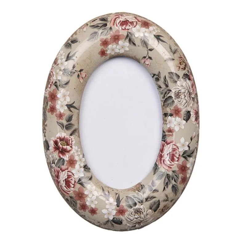Ovale fotolijst bloemen beige keramiek 9*13