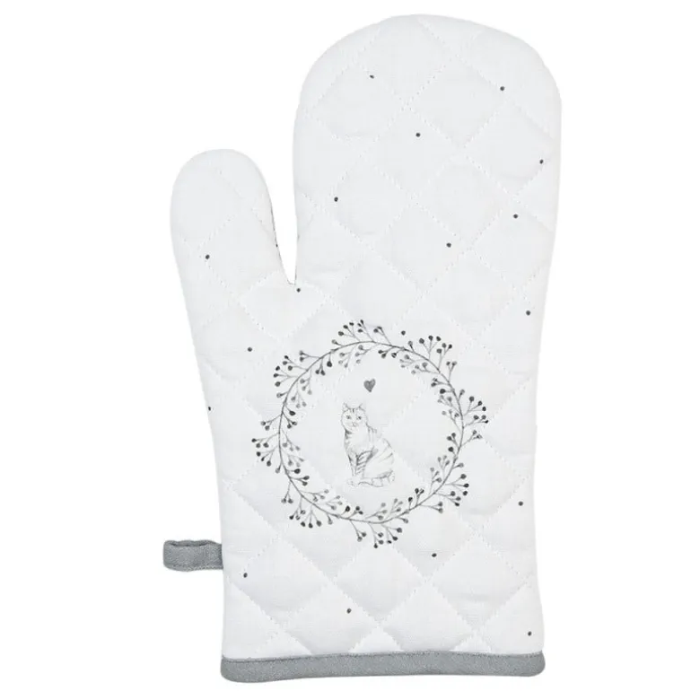 Ovenhandschoen wit/grijs kat
