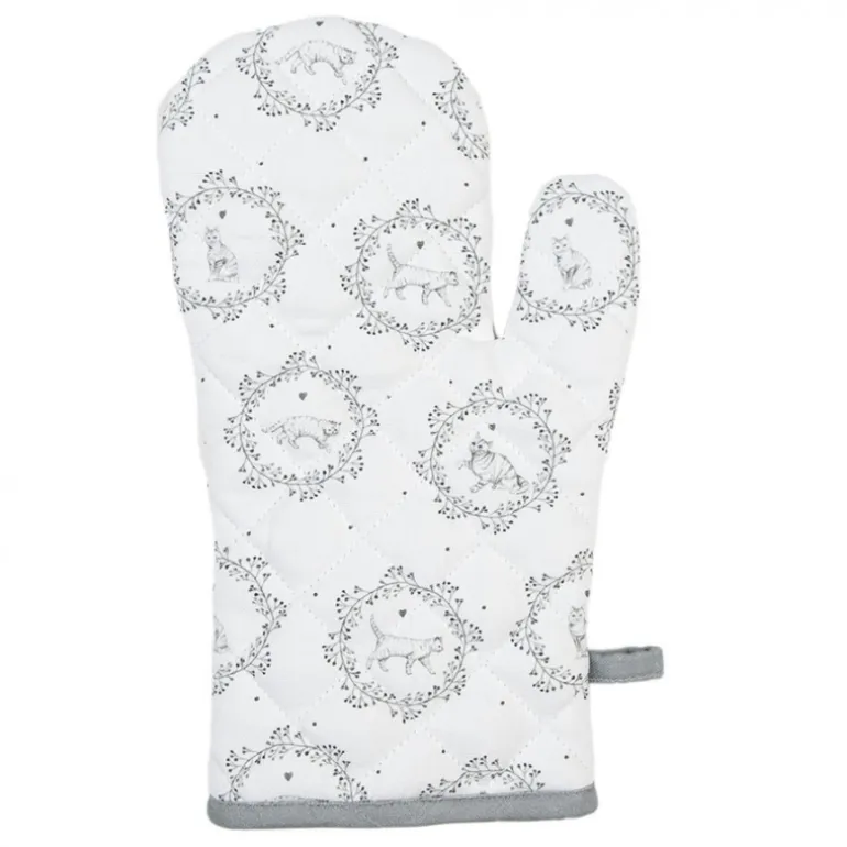 Ovenhandschoen wit/grijs kat