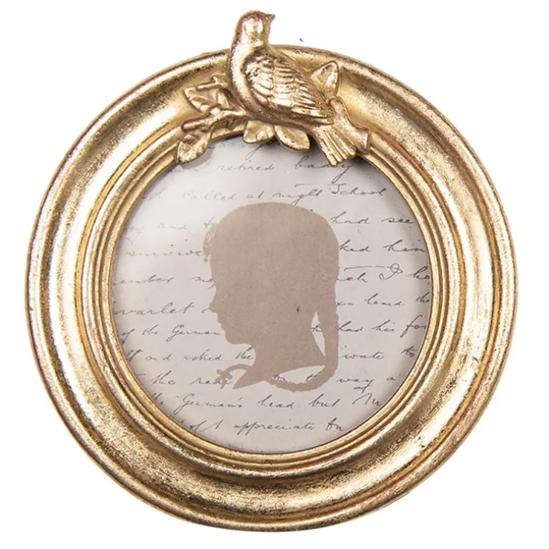 Rond goudkleurig fotolijstje vogel 8*8