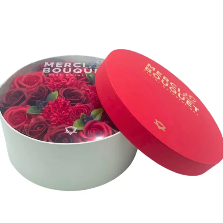 Ronde kadodoos zeepbloemen rode rozen 20*8