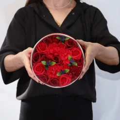 Ronde kadodoos zeepbloemen rode rozen 20*8
