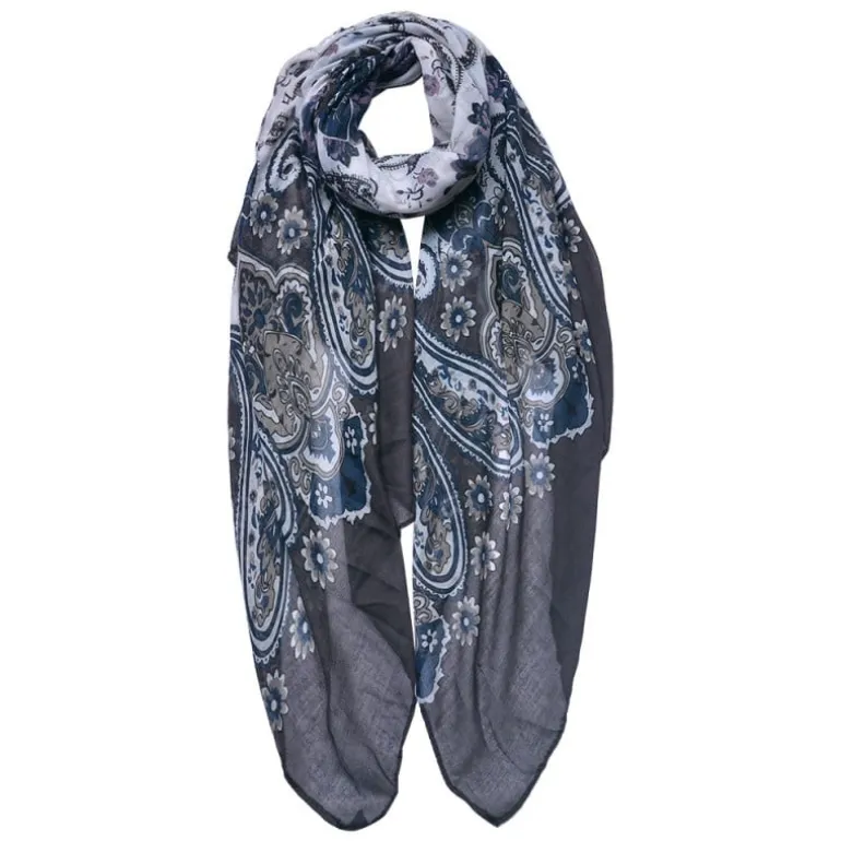 Sjaal bloemen kasjmier grijs/blauw