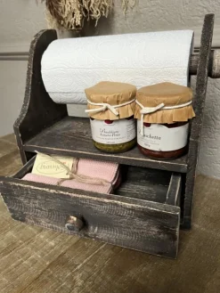 Stoere houten keukenrolhouder met lade vergrijsd 28*33*15