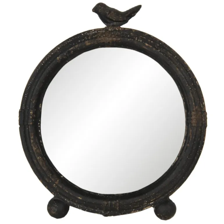 Tafelspiegel brocant rond zwart met vogeltje