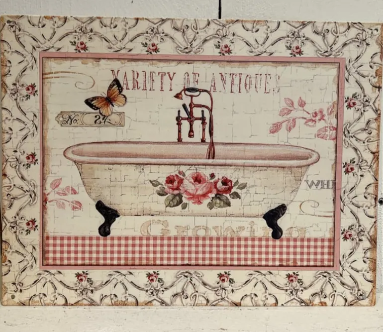 Tekstbord / wandplaat bad - roos - vlinder