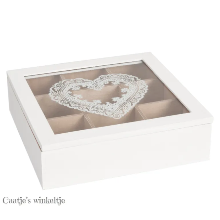 Theedoos 9-vaks wit hart 24*24*7