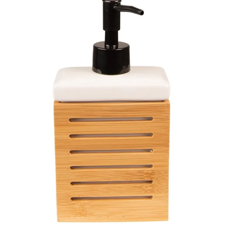 Zeepdispenser wit met houten houder