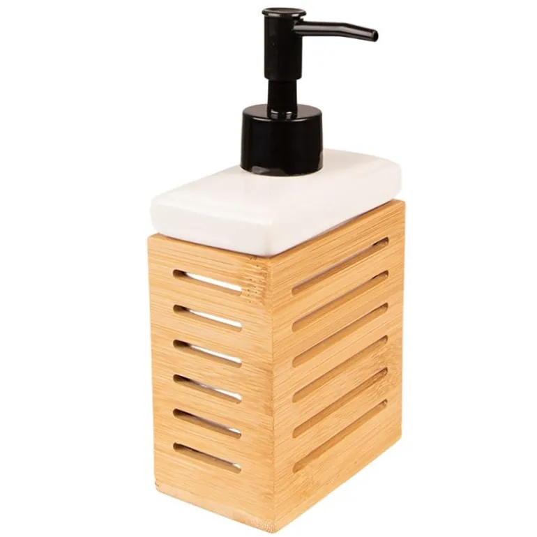 Zeepdispenser wit met houten houder
